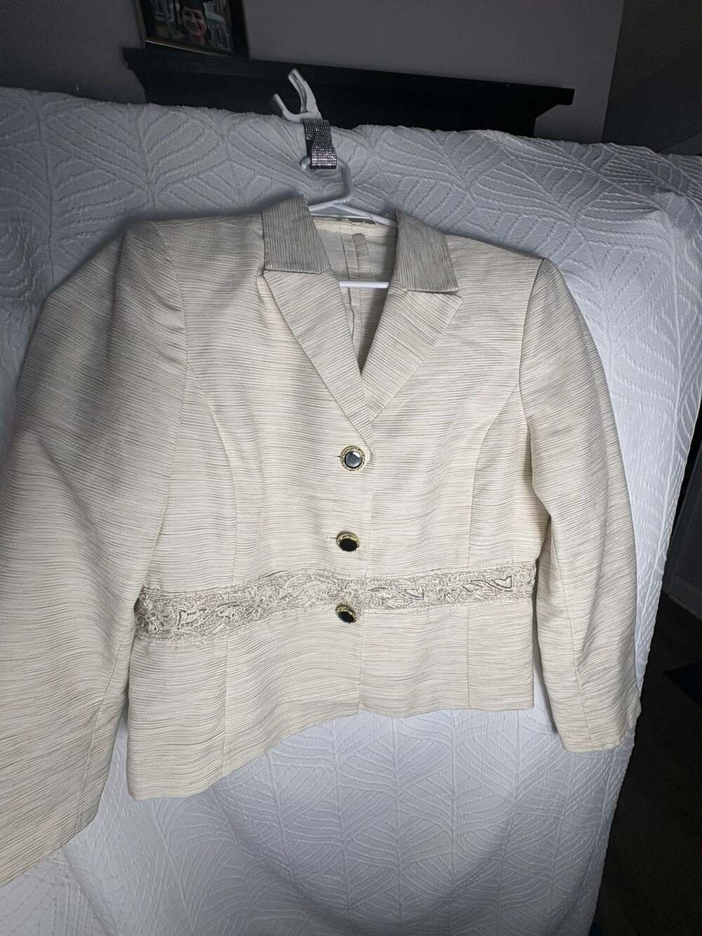Nipon Boutique Beige Jacket Long Sleeve Rhinestone Waist Buttons Embroidered S6